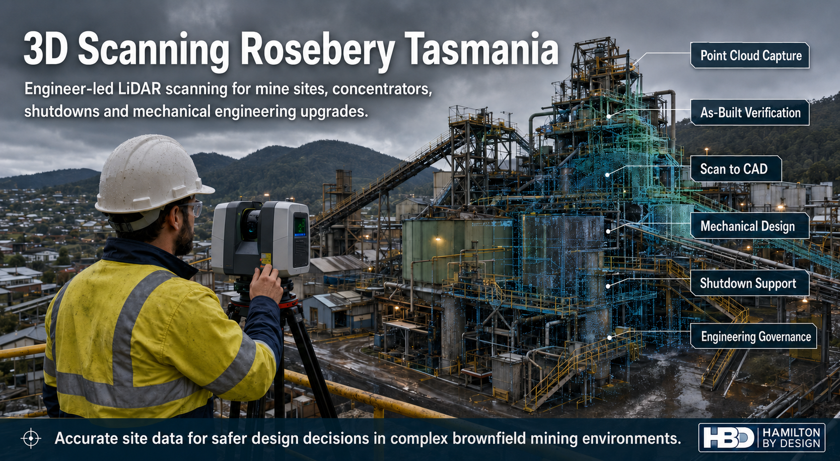 Engineer using a LiDAR scanner at a Rosebery Tasmania mining processing plant with point cloud data overlay for 3D scanning and mechanical engineering.