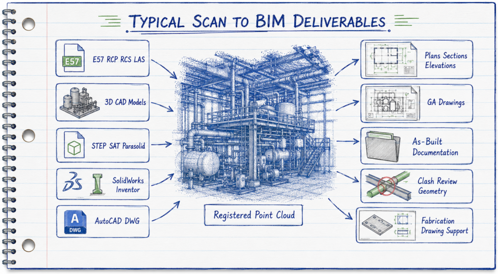Notebook-style infographic showing typical Scan to BIM deliverables, including registered point clouds, CAD models, file formats, drawings, as-built documentation, clash review geometry and fabrication drawing support.