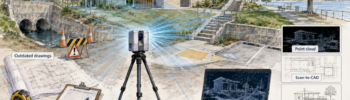 Watercolour illustration showing LiDAR scanning of council infrastructure, including stormwater culverts, public amenities, access stairs, carpark and point cloud outputs for scan-to-CAD and as-built documentation.