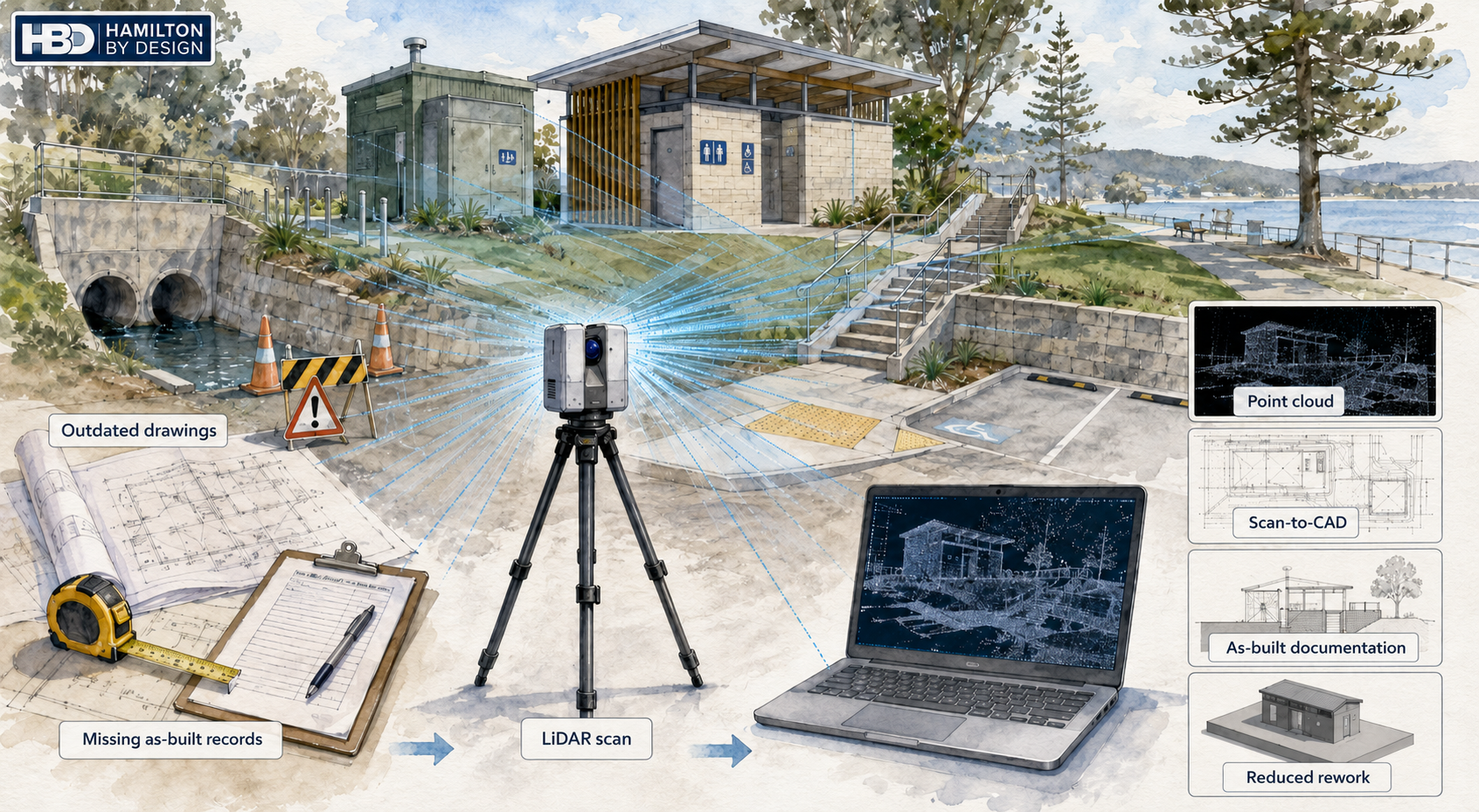 Watercolour illustration showing LiDAR scanning of council infrastructure, including stormwater culverts, public amenities, access stairs, carpark and point cloud outputs for scan-to-CAD and as-built documentation.