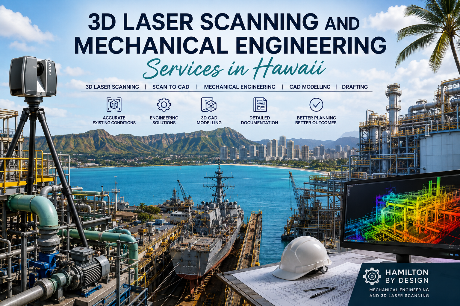 3D laser scanning and mechanical engineering services in Hawaii showing a LiDAR scanner, industrial plant, shipyard, CAD point-cloud model and Honolulu coastline.