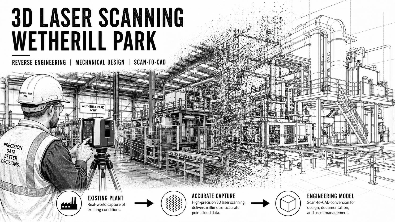 Black-and-white illustration of 3D laser scanning in a Wetherill Park factory, showing an engineer scanning industrial machinery as the plant transitions from existing conditions to point-cloud data and a CAD engineering model.