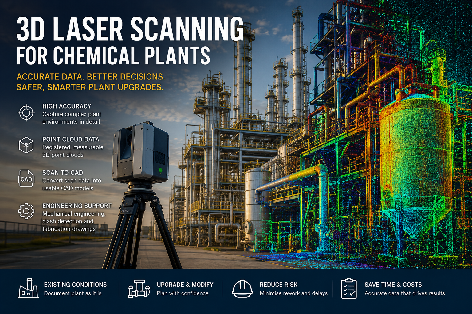 3D laser scanning for chemical plants with Hamilton By Design logo, showing an engineer using a laser scanner in front of a process plant with point cloud and CAD model overlay.