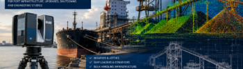 3D scanning at the Port of Newcastle showing a FARO LiDAR scanner, bulk cargo ship, ship loader, conveyors and coloured point-cloud overlays.