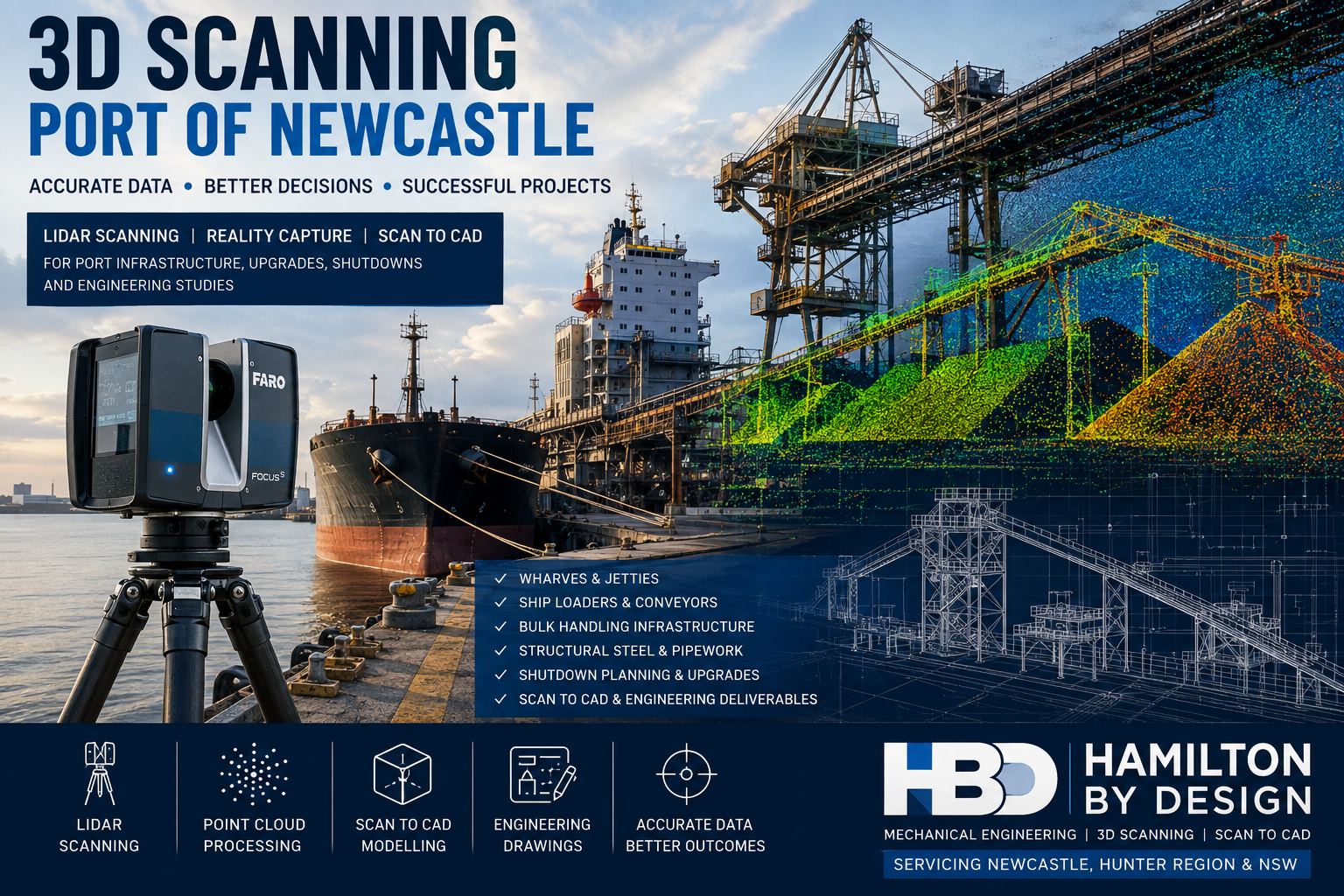 3D scanning at the Port of Newcastle showing a FARO LiDAR scanner, bulk cargo ship, ship loader, conveyors and coloured point-cloud overlays.