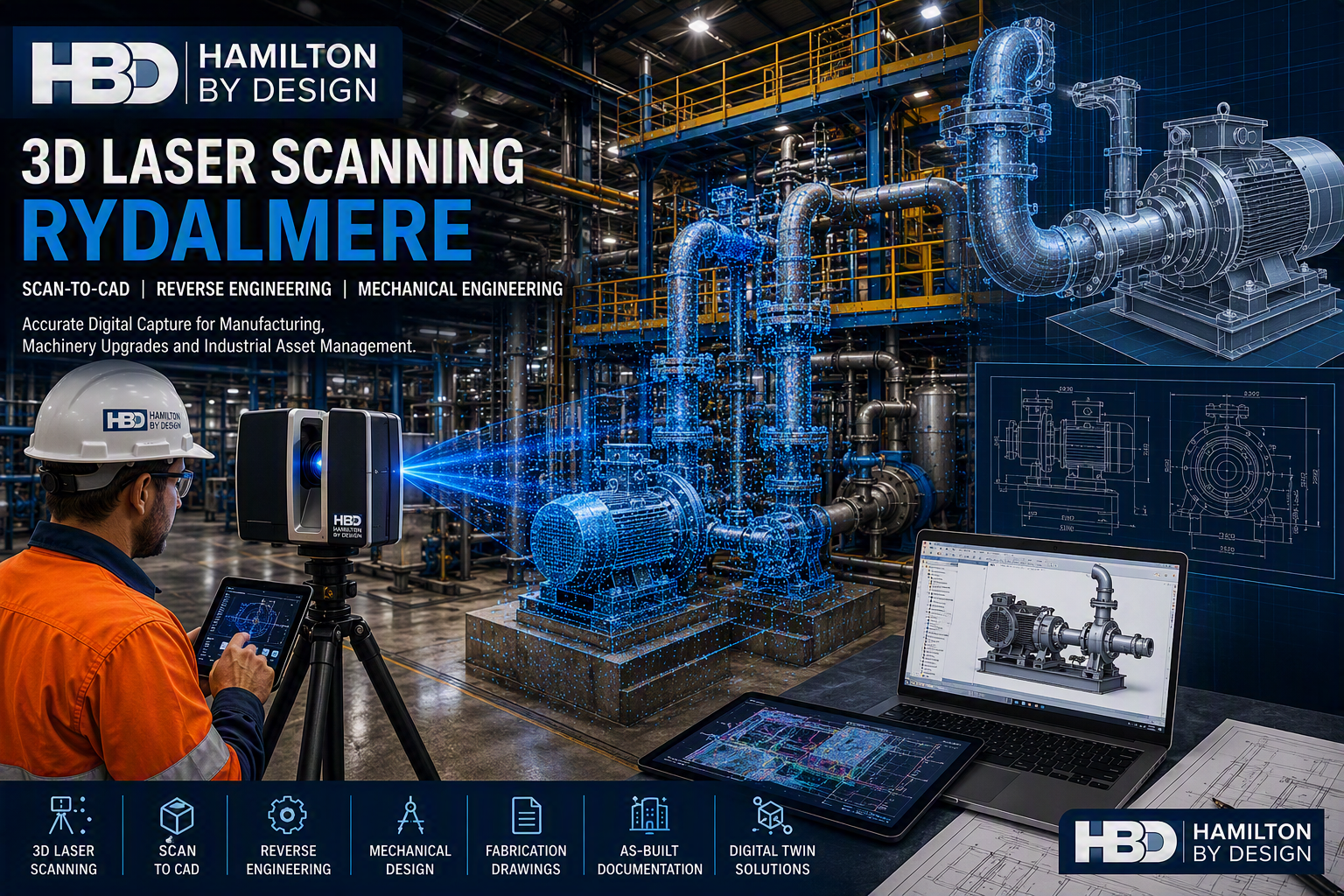 Engineer performing 3D laser scanning of industrial machinery in a Rydalmere manufacturing facility with digital point cloud and CAD model overlay