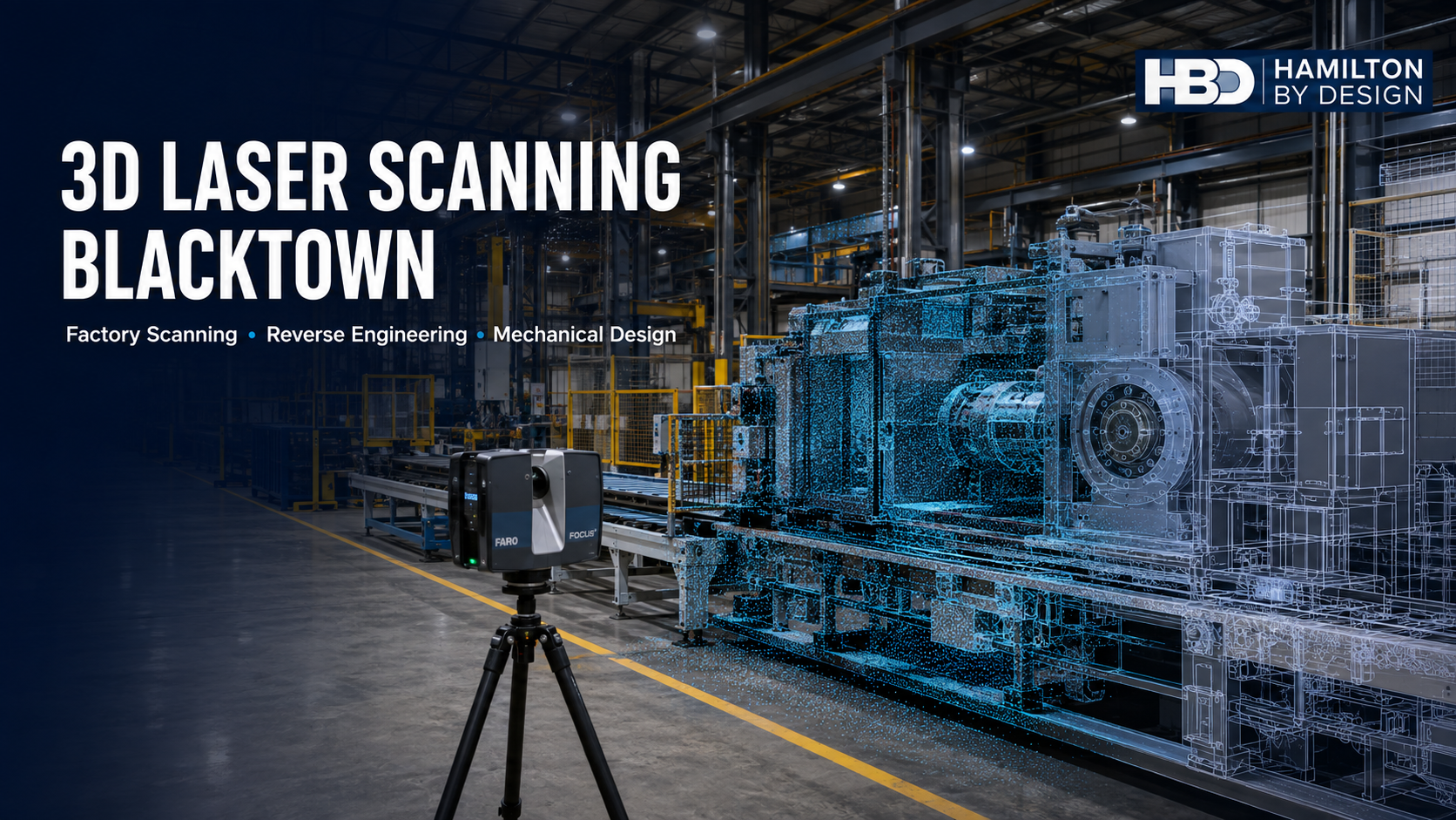 3D laser scanning Blacktown factory with LiDAR scanner, machinery point cloud and Hamilton By Design logo
