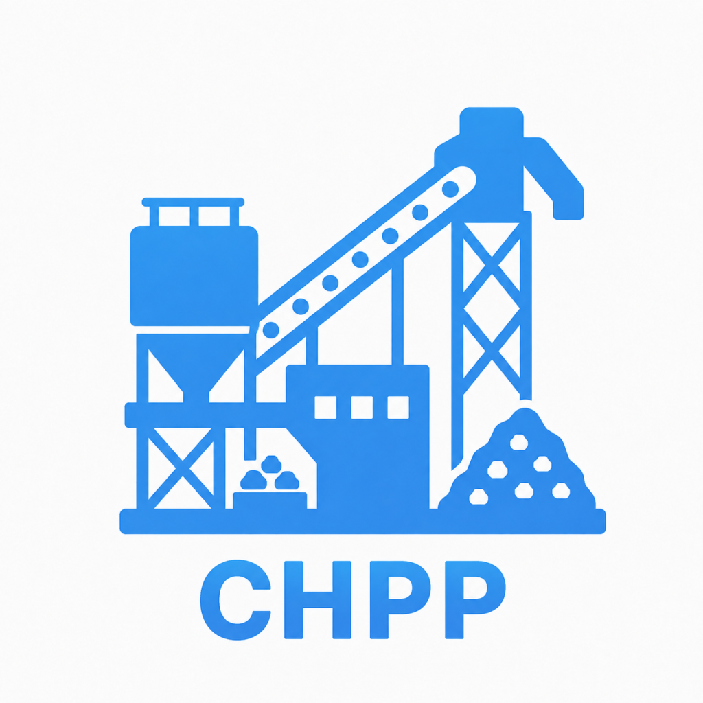 Blue icon of a coal handling and preparation plant with conveyor, processing structure, coal pile, and the text โCHPPโ underneath.