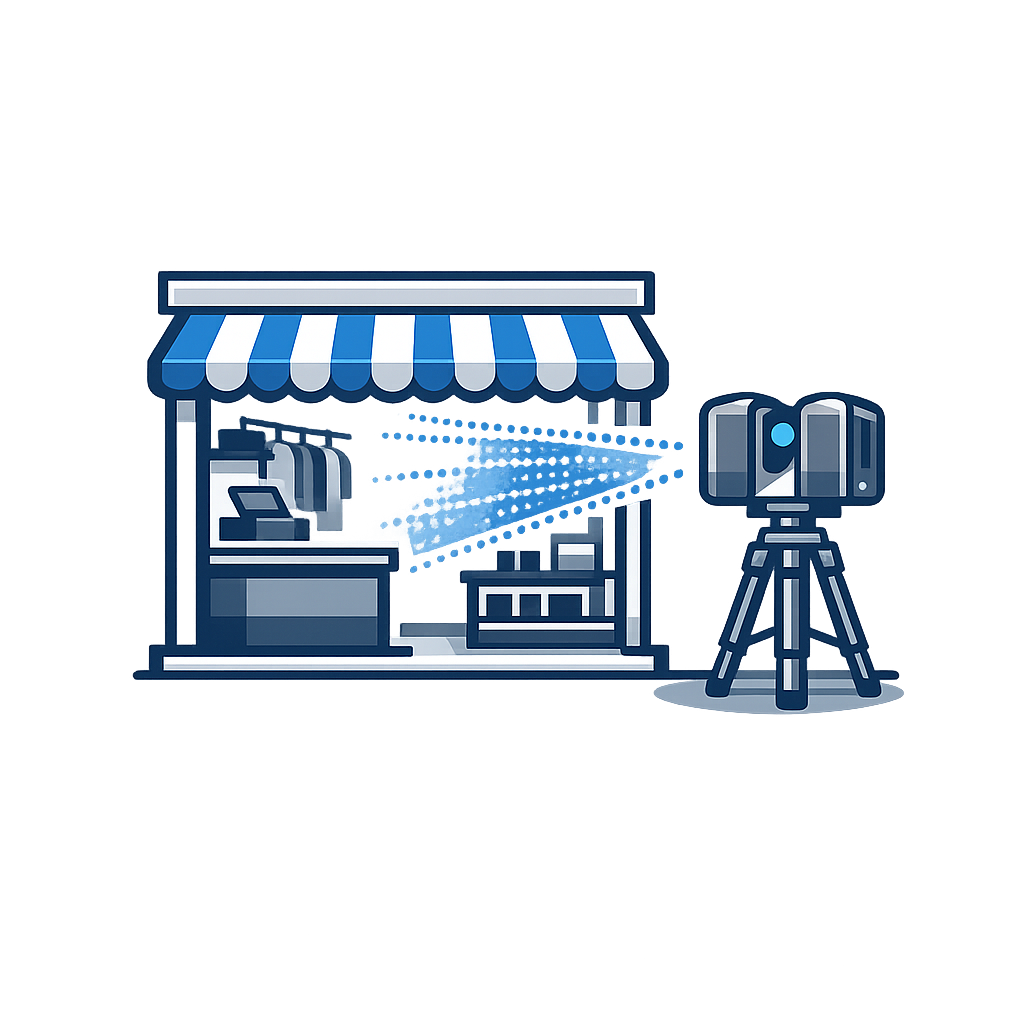 Icon of a retail shop fitout being scanned by a 3D laser scanner on a tripod, showing a storefront with awning, counter, shelving and clothing rack in a blue vector style.