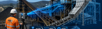 Coal conveyor 3D scanning Hunter Valley NSW showing a CHPP, conveyor system, 3D laser scanner, point cloud and CAD model for replacement engineering.