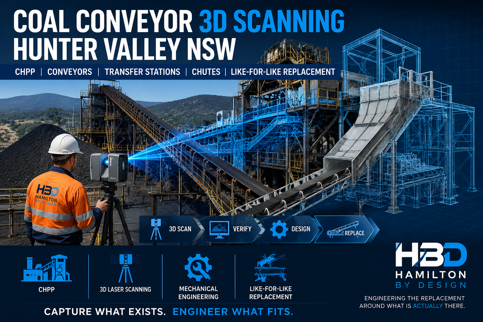 Coal conveyor 3D scanning Hunter Valley NSW showing a CHPP, conveyor system, 3D laser scanner, point cloud and CAD model for replacement engineering.