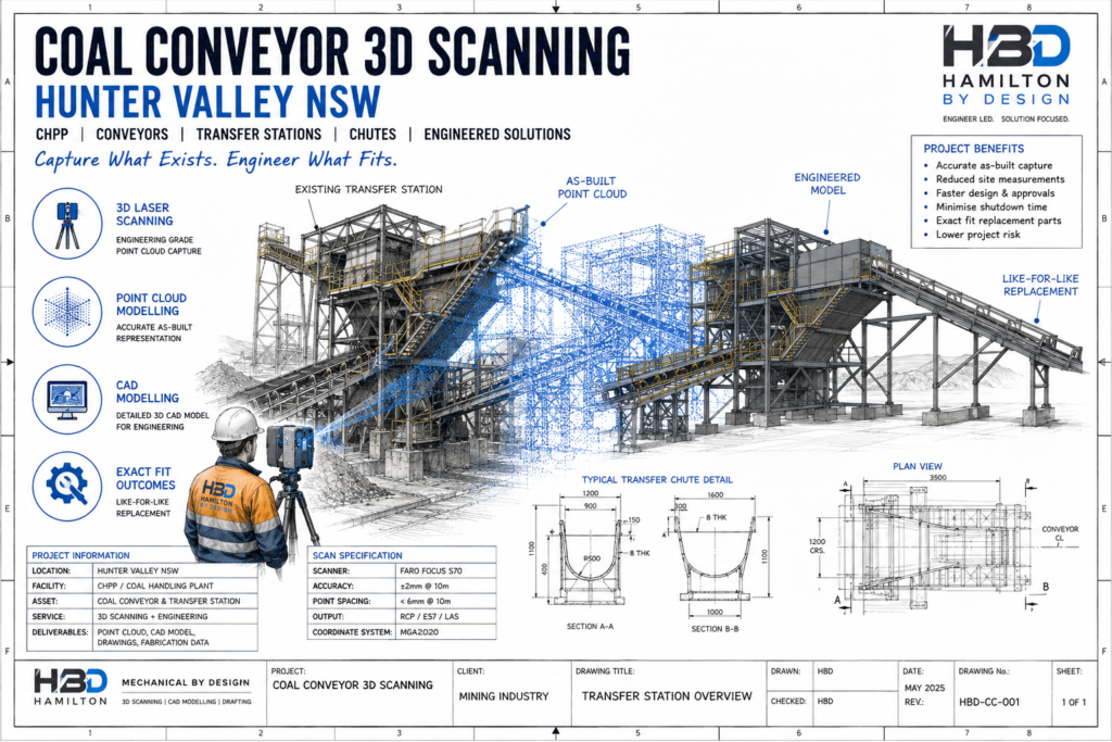 Technical drawing of coal conveyor 3D scanning in the Hunter Valley NSW showing a CHPP transfer station, 3D laser scanner, point cloud and engineered replacement model.