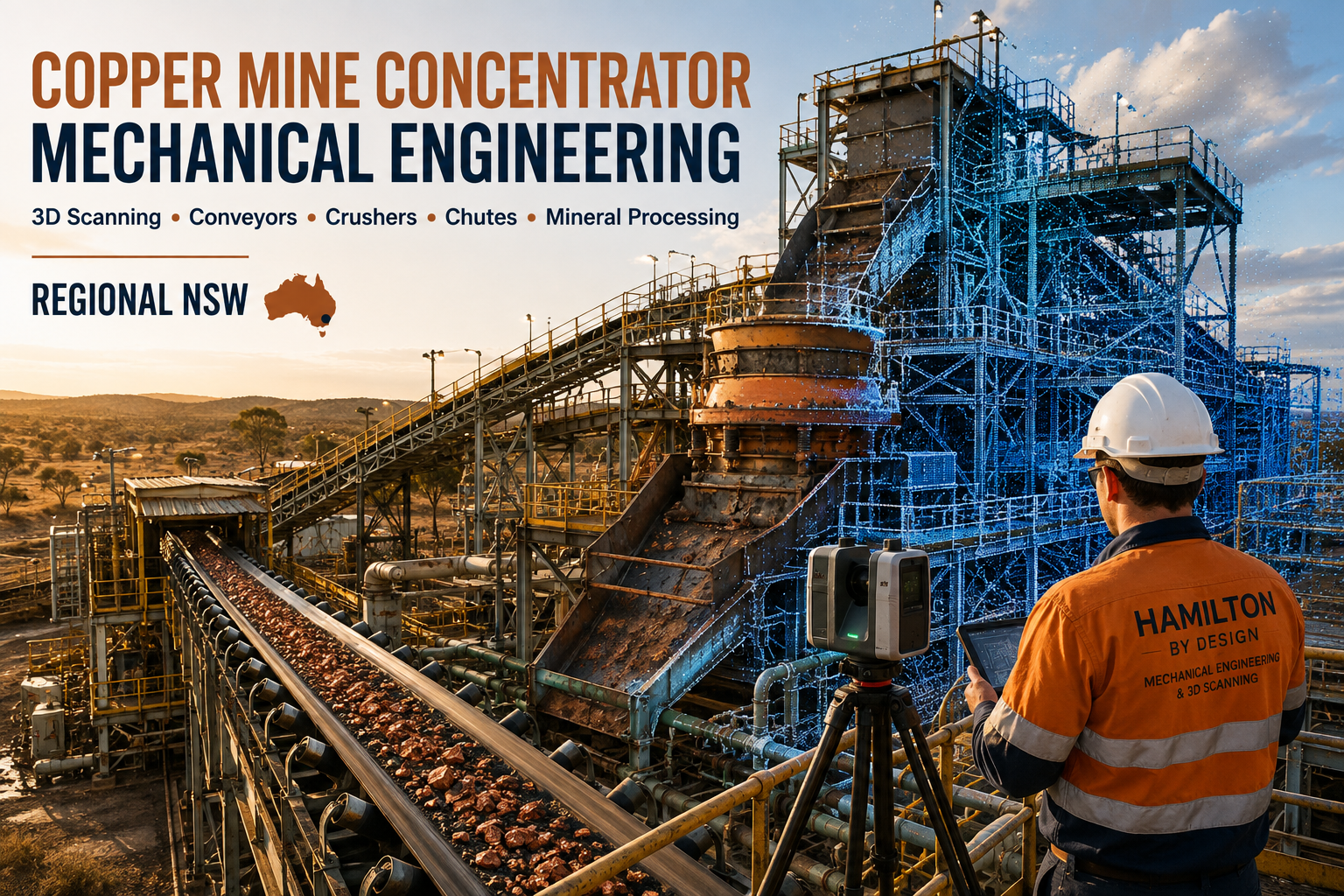 Hero image showing a copper mine concentrator in regional NSW with conveyors carrying ore, a crusher and transfer structures, while an engineer in high-visibility clothing uses a tripod-mounted 3D laser scanner in the foreground. A blue point-cloud overlay highlights the plant, with headline text reading “Copper Mine Concentrator Mechanical Engineering” and supporting text about 3D scanning, conveyors, crushers, chutes and mineral processing.