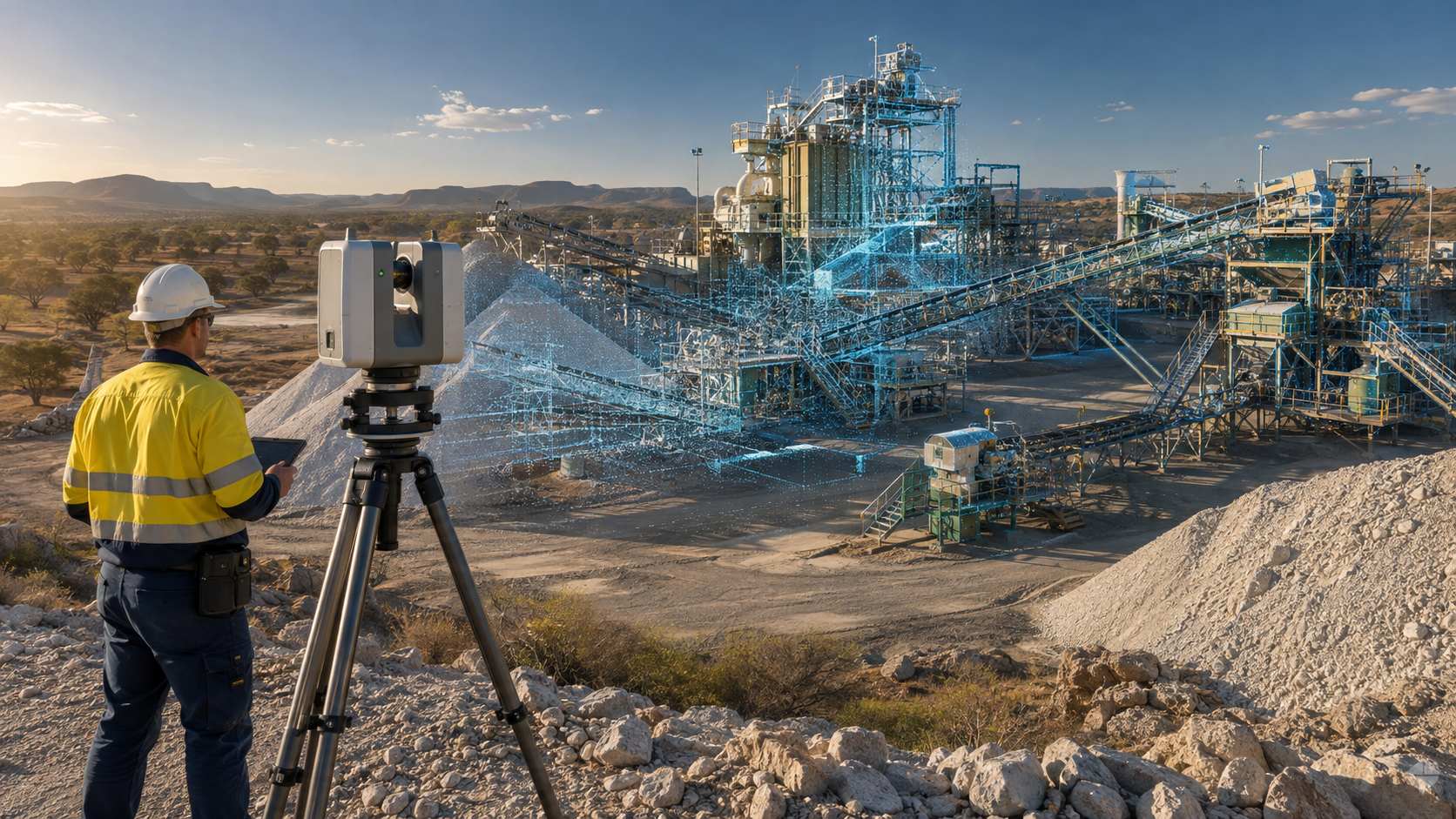 Engineer using a terrestrial 3D LiDAR scanner to capture conveyors, crushers and structural steel at a mineral-processing plant near Marlborough, Queensland.