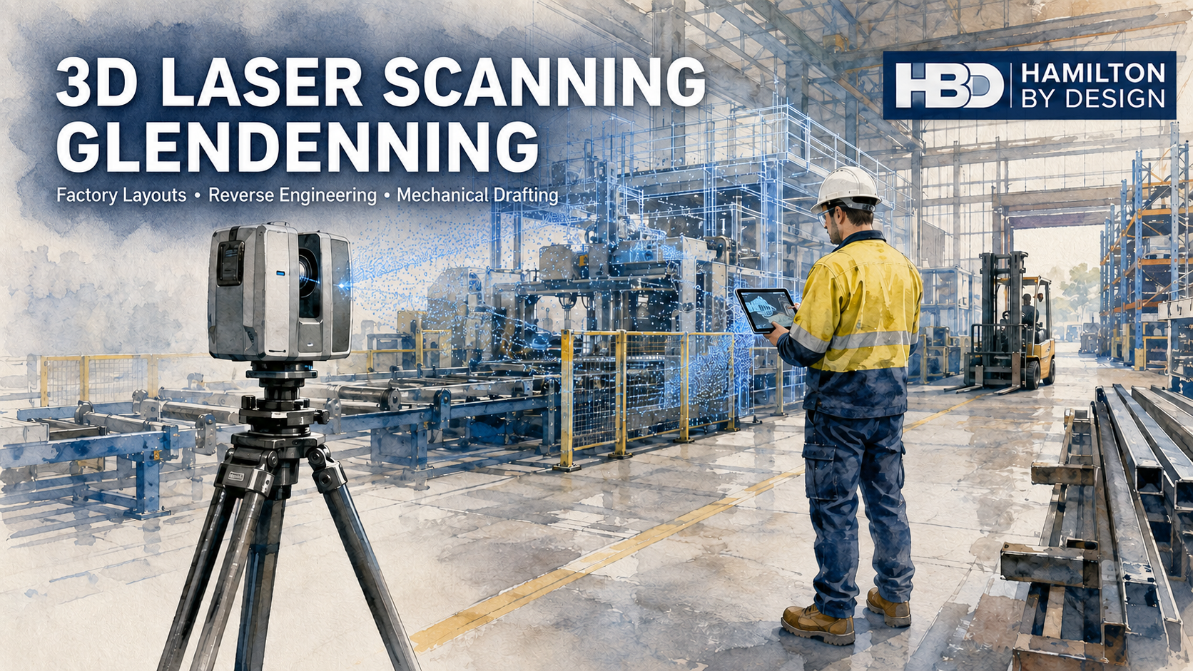 Watercolour illustration of 3D laser scanning in a Glendenning factory for CAD modelling and reverse engineering.