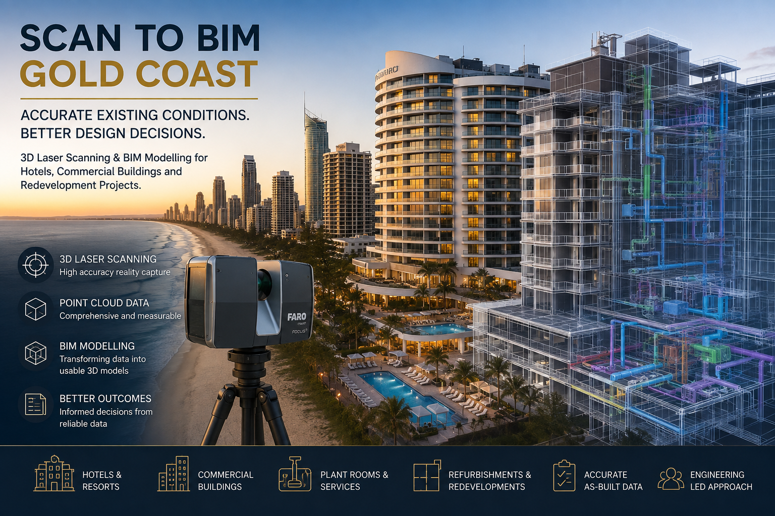 Scan to BIM Gold Coast for hotels, resorts and commercial buildings using 3D laser scanning, point cloud data and BIM modelling.