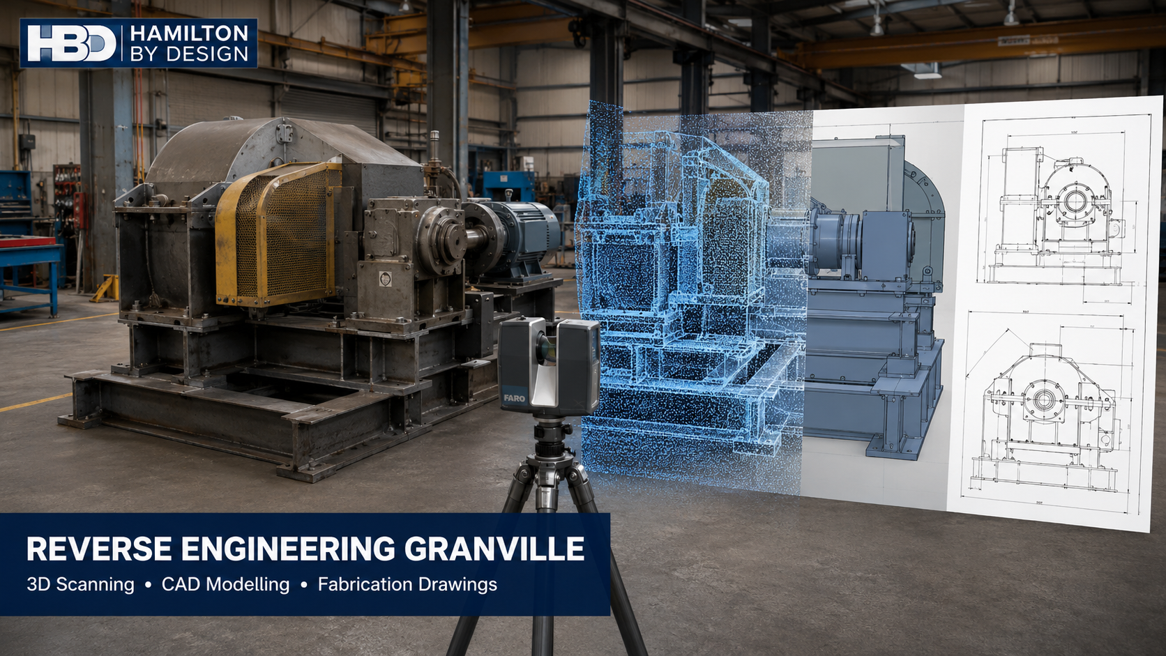 Reverse engineering in Granville showing industrial machinery captured with a FARO 3D scanner and converted into a point cloud, CAD model and fabrication drawings.