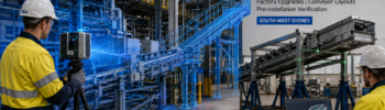 3D laser scanning in a Prestons NSW factory showing point-cloud capture, conveyor modelling and installation verification.