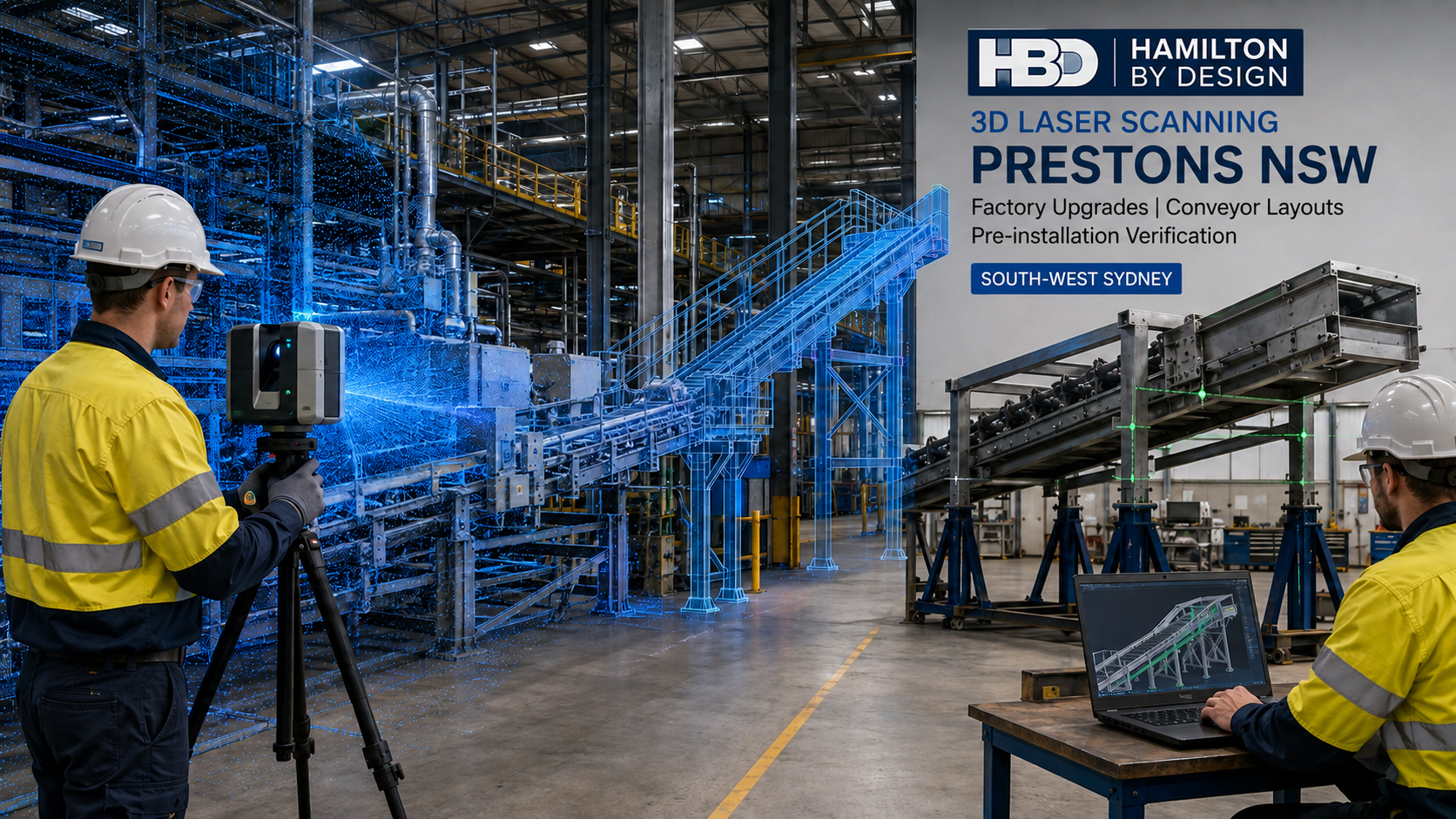 3D laser scanning in a Prestons NSW factory showing point-cloud capture, conveyor modelling and installation verification.