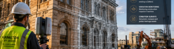 Heritage 3D laser scanning and vibration monitoring of a historic sandstone building during nearby construction works.
