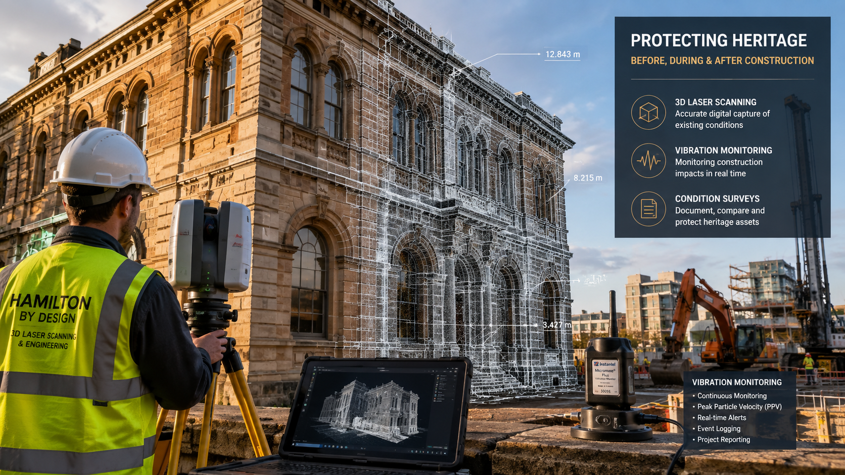 Heritage 3D laser scanning and vibration monitoring of a historic sandstone building during nearby construction works.