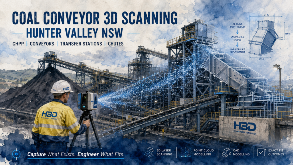 Coal conveyor 3D scanning Hunter Valley NSW showing a CHPP, conveyor systems, 3D laser scanner, point cloud and CAD model for like-for-like replacement engineering.