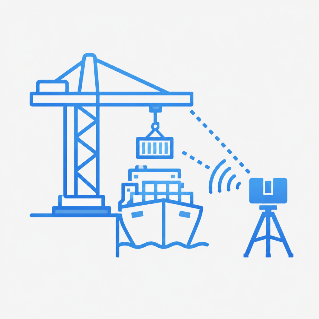 Blue line icon showing a port crane loading a cargo ship while a tripod-mounted LiDAR scanner captures the vessel and crane.