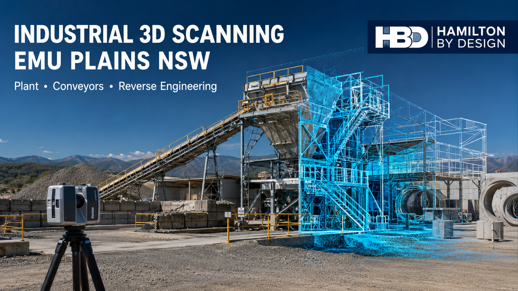 Industrial 3D scanning in Emu Plains NSW showing a LiDAR scanner capturing conveyor and bulk-material plant for reverse engineering.