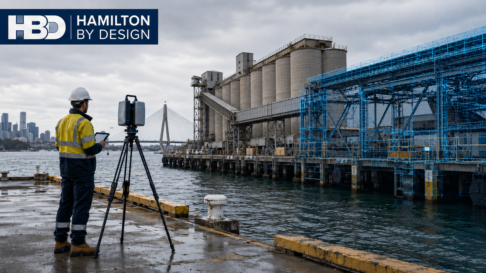 Sydney marine facility as-built survey using terrestrial laser scanning beside dry-bulk silos, conveyors and wharf infrastructure near the ANZAC Bridge.