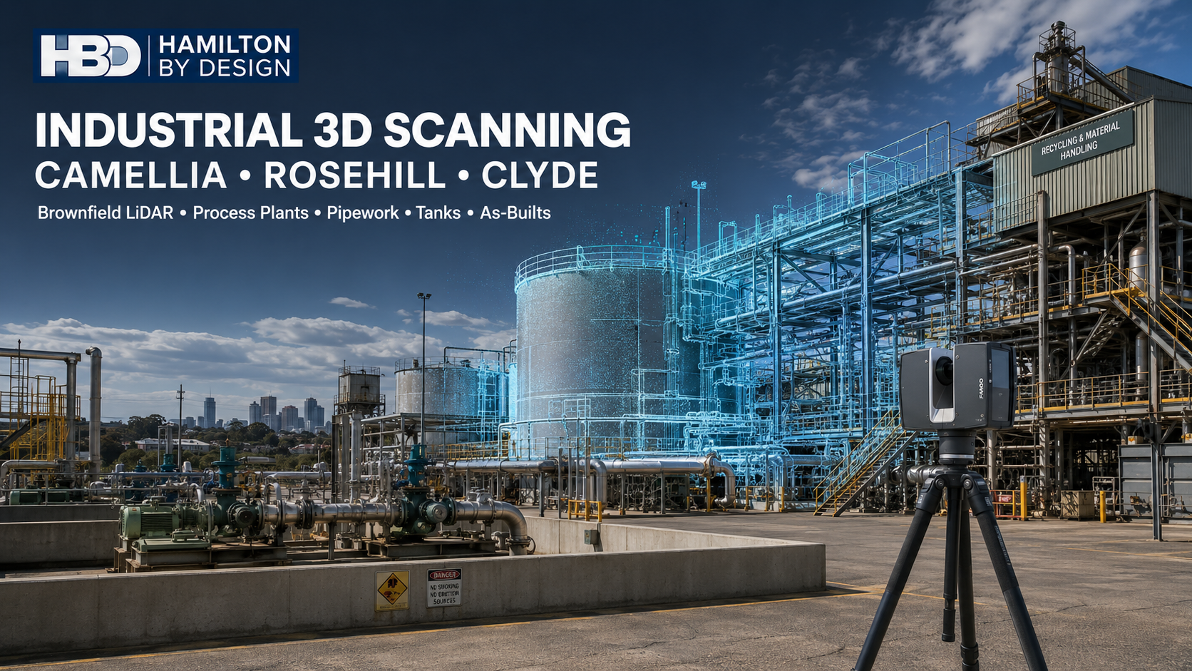 Industrial 3D scanning in Camellia, Rosehill and Clyde, showing a terrestrial LiDAR scanner capturing tanks, process pipework and structural steel.