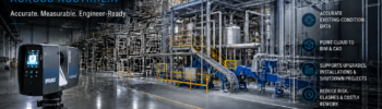 Plant Layout Scan to BIM Australia showing a FARO 3D laser scanner inside an industrial plant with point-cloud and BIM model overlays.