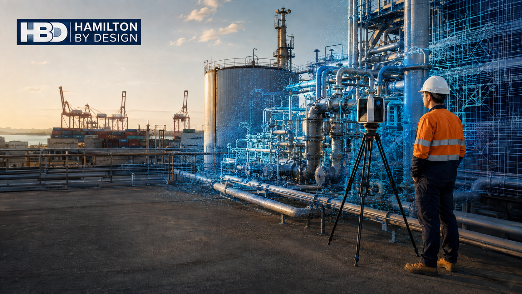 Hamilton By Design engineer using a 3D laser scanner on industrial pipework near Port Botany with a blue point-cloud overlay.