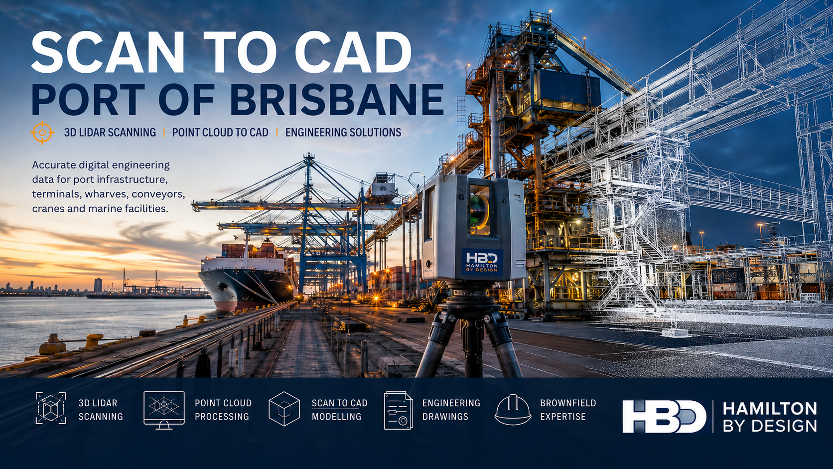 Scan to CAD at the Port of Brisbane showing a 3D LiDAR scanner, container ship, port cranes and point-cloud CAD model of industrial infrastructure.