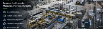 Manufacturing layout design in Australia showing a 3D laser-scanned factory, production lines, industrial equipment, conveyors and a FARO LiDAR scanner.