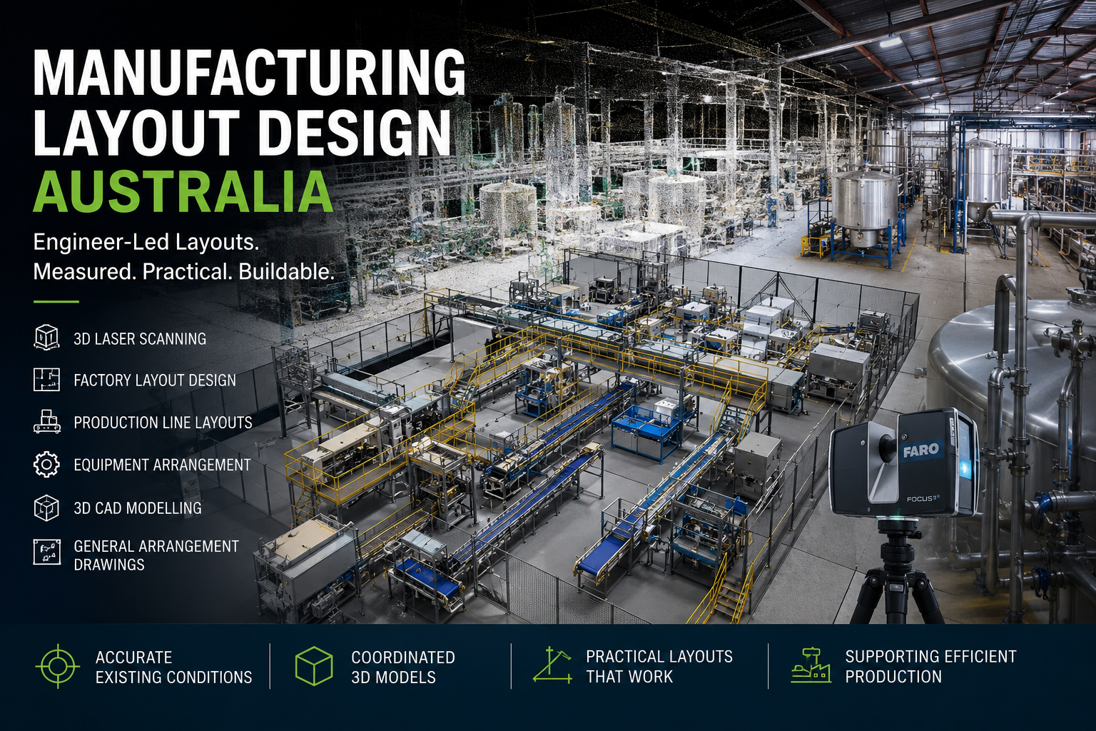 Manufacturing layout design in Australia showing a 3D laser-scanned factory, production lines, industrial equipment, conveyors and a FARO LiDAR scanner.