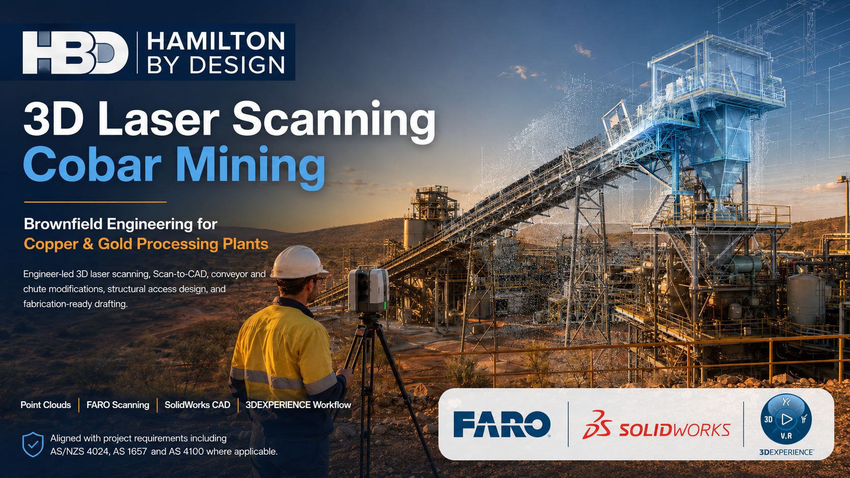 3D laser scanning Cobar mining plant with engineer, FARO scanner, point cloud and CAD overlay for brownfield engineering