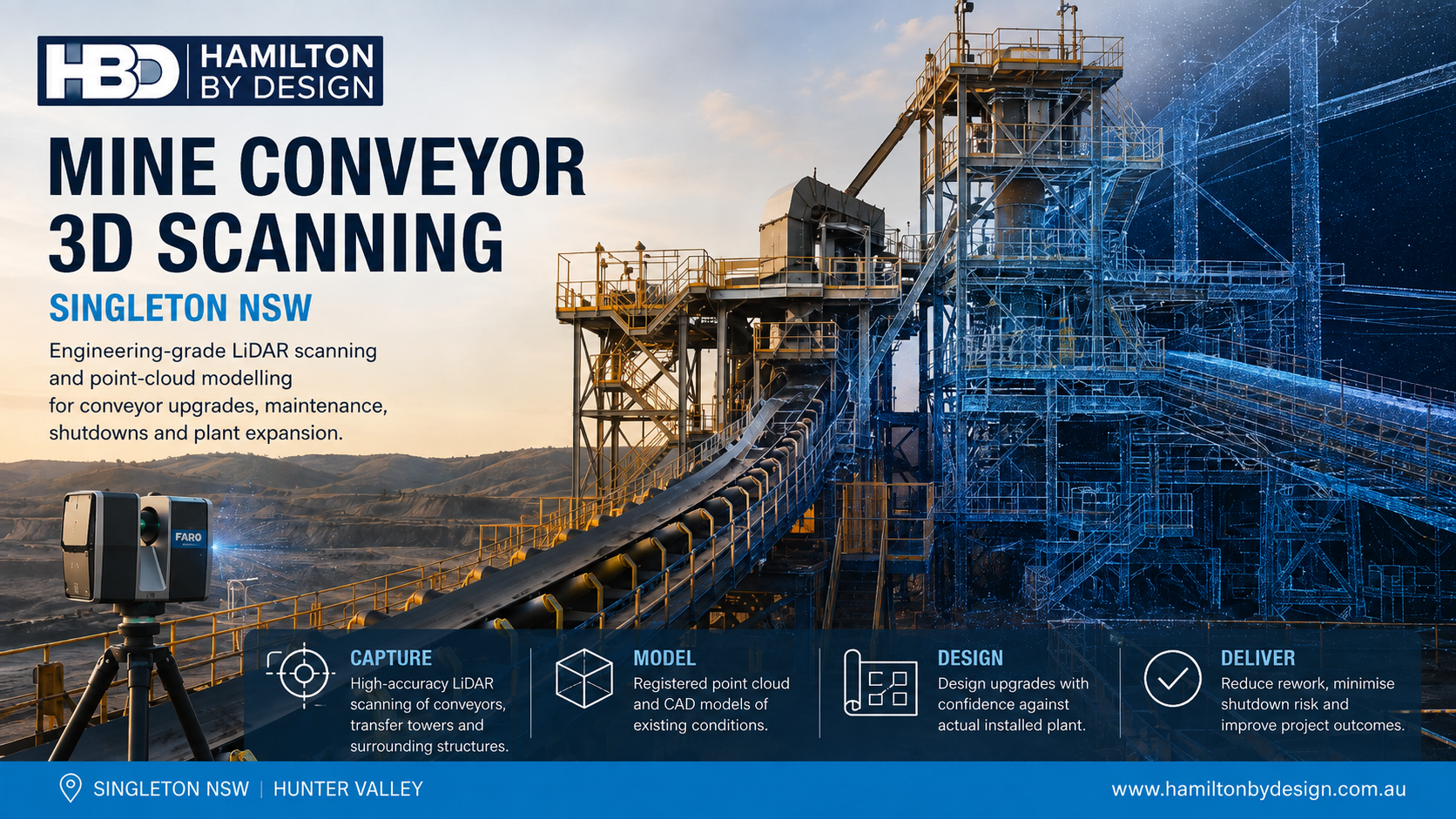 Mine conveyor 3D scanning in Singleton NSW using engineering-grade LiDAR, point-cloud modelling and CAD design