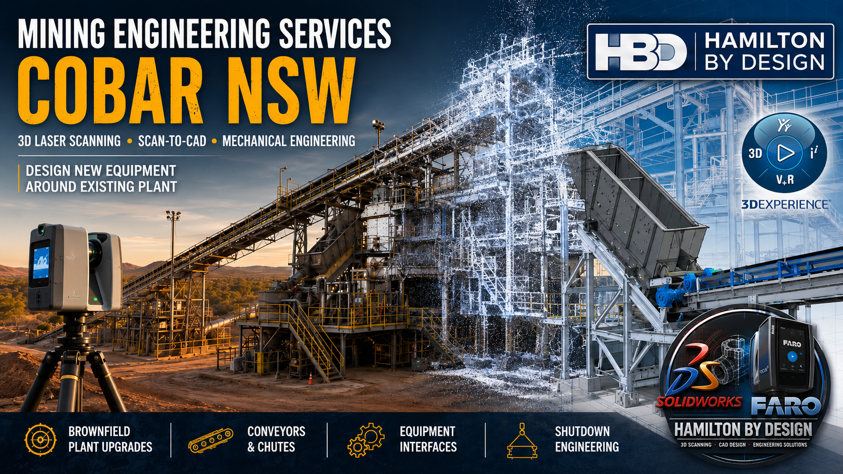 Mining engineering services in Cobar NSW showing 3D laser scanning, point cloud capture, scan-to-CAD modelling and brownfield plant equipment design.