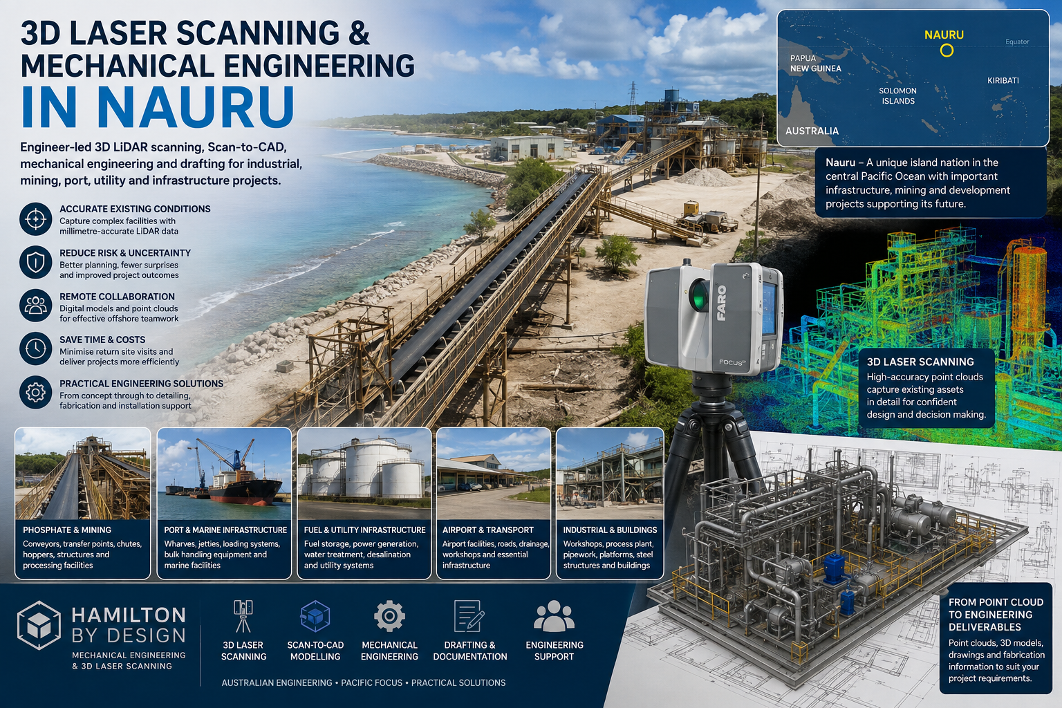 3D laser scanning and mechanical engineering services for mining, port, utility, airport and industrial infrastructure projects in Nauru.