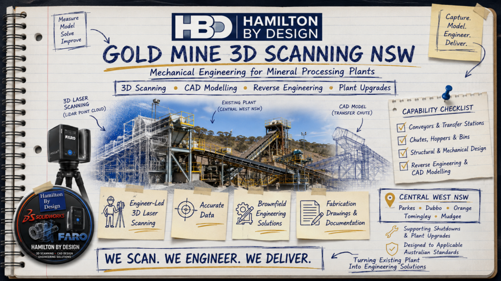 Gold Mine 3D Scanning NSW notebook infographic showing LiDAR scanning, CAD modelling, conveyors, chutes, reverse engineering and mineral processing plant upgrades.