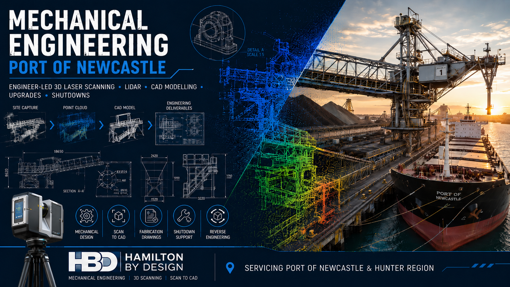 Mechanical engineering at the Port of Newcastle showing a bulk cargo ship, ship loader, conveyors, LiDAR scanner, point-cloud data and engineering drawings.