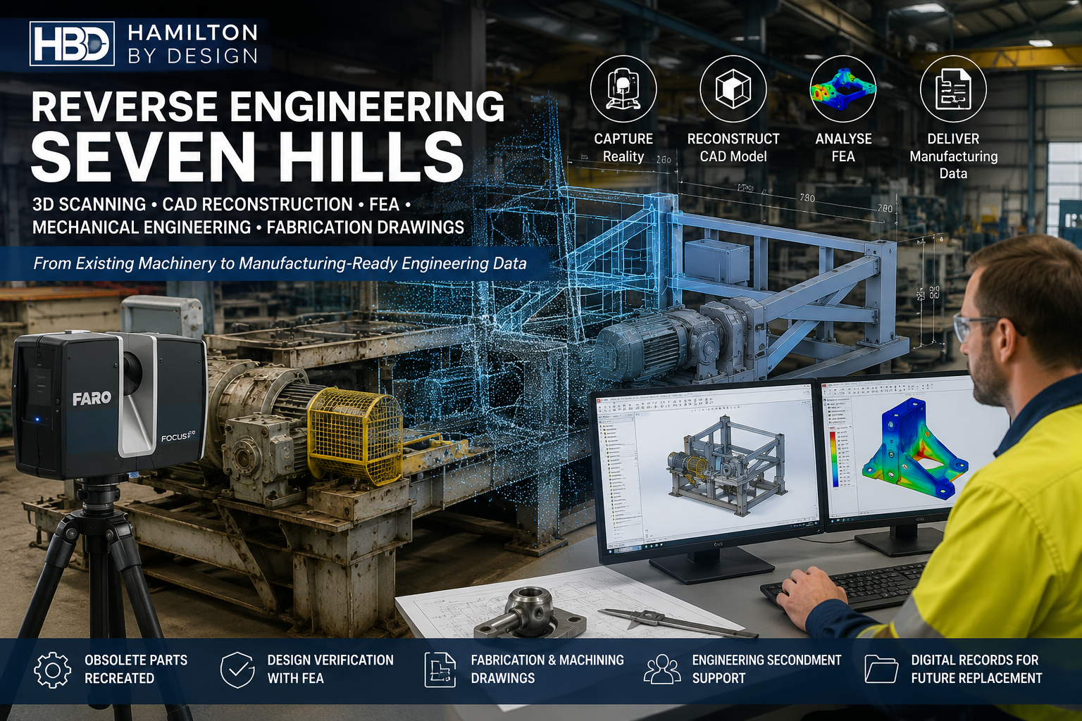 Reverse engineering Seven Hills showing 3D laser scanning, CAD reconstruction, FEA analysis, fabrication drawings and engineering secondment support.