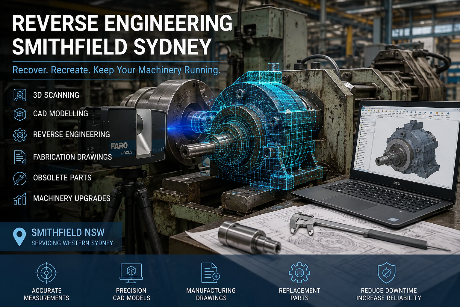 Reverse engineering Smithfield Sydney with 3D scanning, CAD modelling, fabrication drawings and obsolete machinery part replacement.