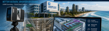 Scan to BIM Sunshine Coast hero image showing LiDAR scanning, point cloud capture, BIM modelling, healthcare, education, aged care, hotels and manufacturing applications.