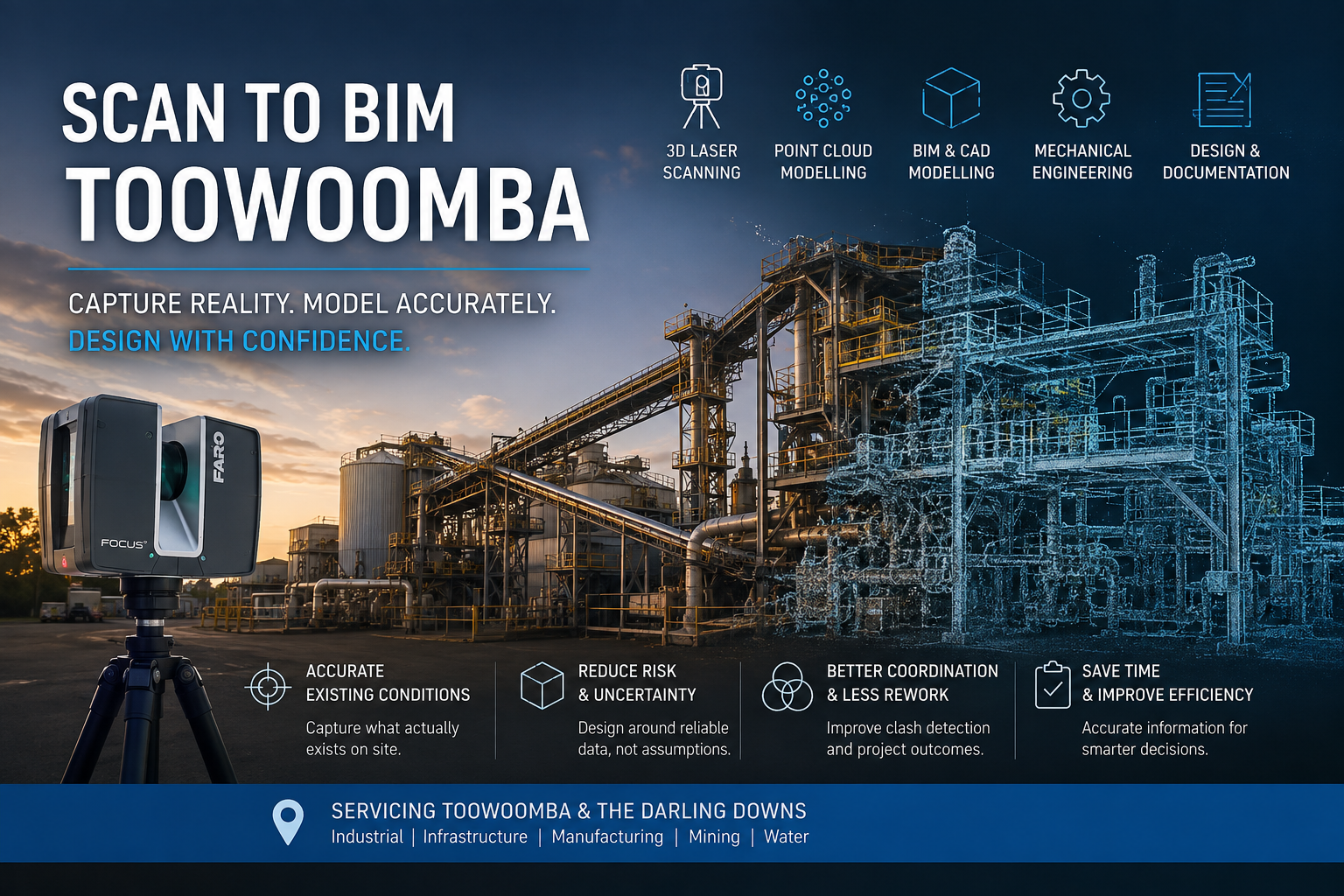 Scan to BIM Toowoomba hero image showing 3D laser scanning of an industrial facility, point cloud modelling, BIM, CAD and mechanical engineering services across the Darling Downs.