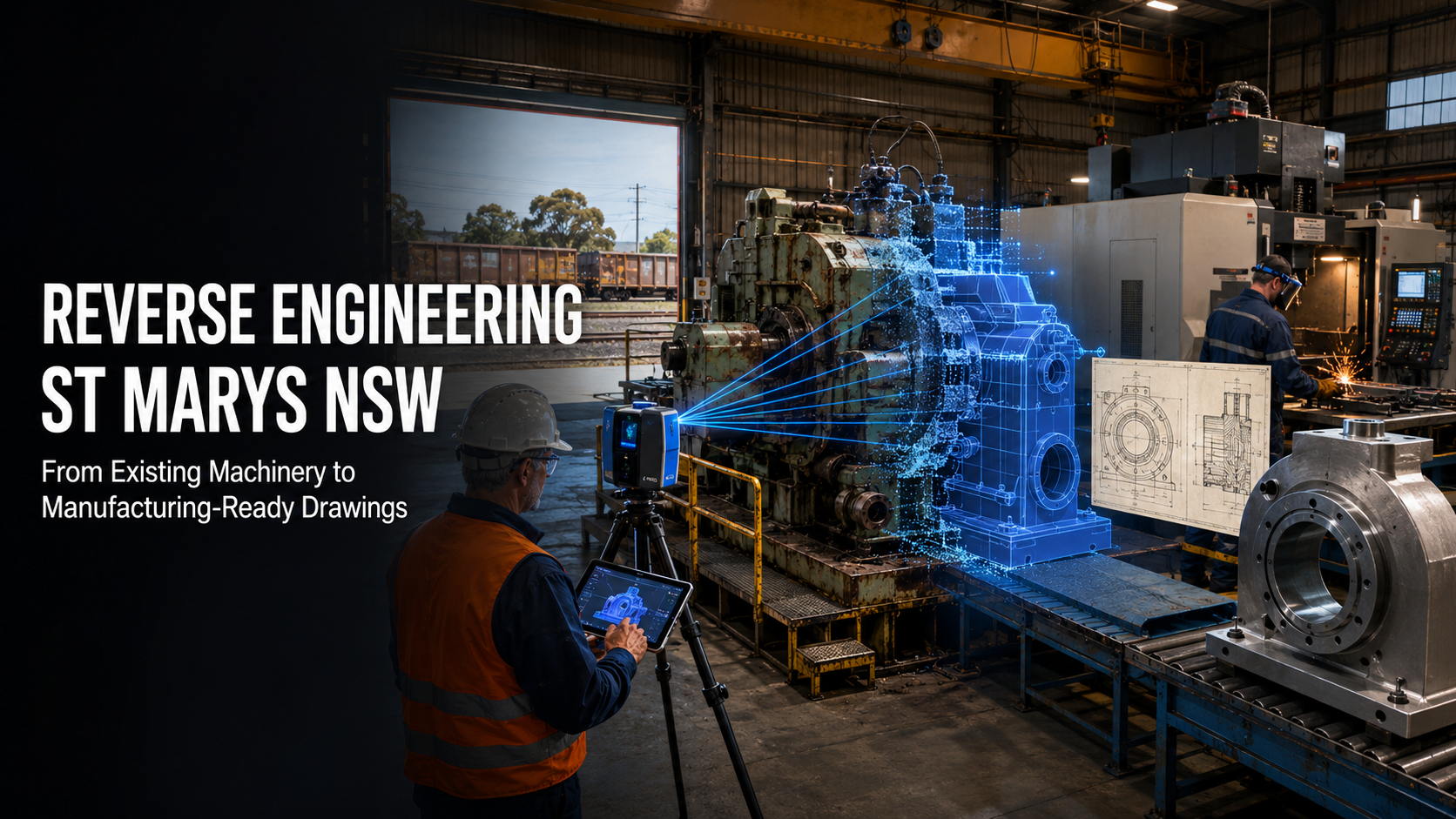 Reverse engineering in St Marys NSW, with a 3D laser scanner capturing legacy machinery and converting it into CAD and fabrication drawings.