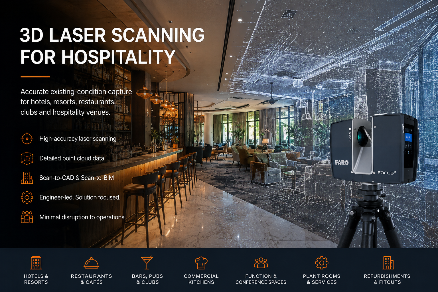 3D laser scanning for hospitality venues, showing a FARO scanner capturing a hotel restaurant and lounge with a point-cloud overlay.