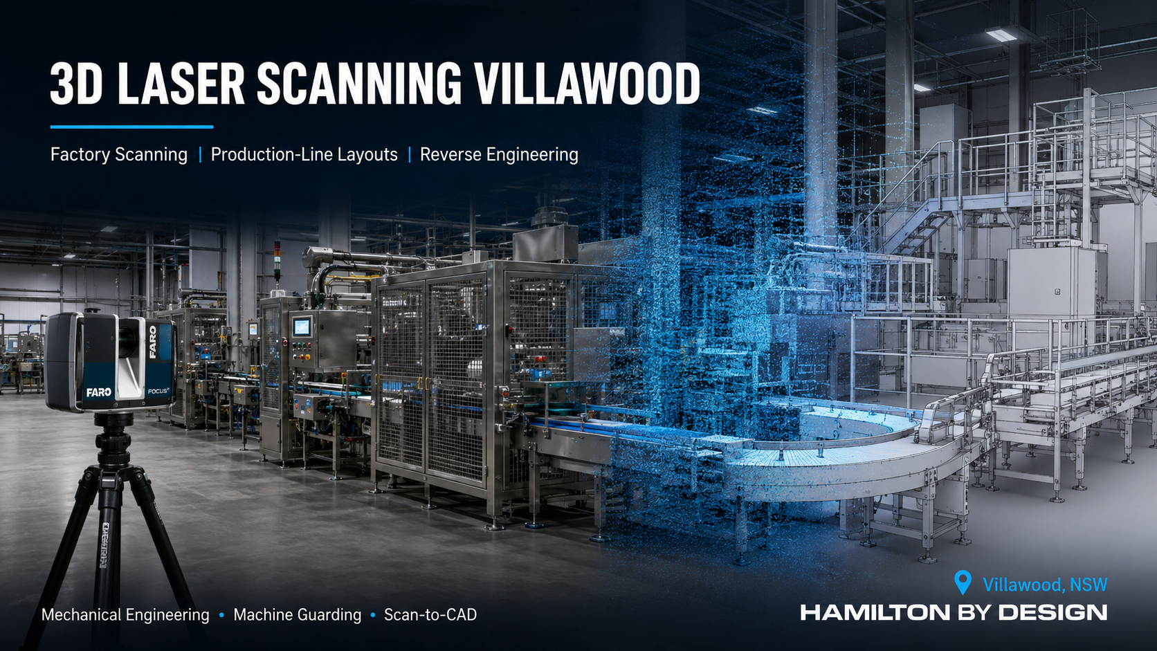 3D laser scanning Villawood factory showing a FARO LiDAR scanner, guarded production machinery, point cloud and scan-to-CAD model.