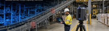 Engineer using 3D laser scanning to capture a warehouse conveyor system in Chipping Norton NSW.