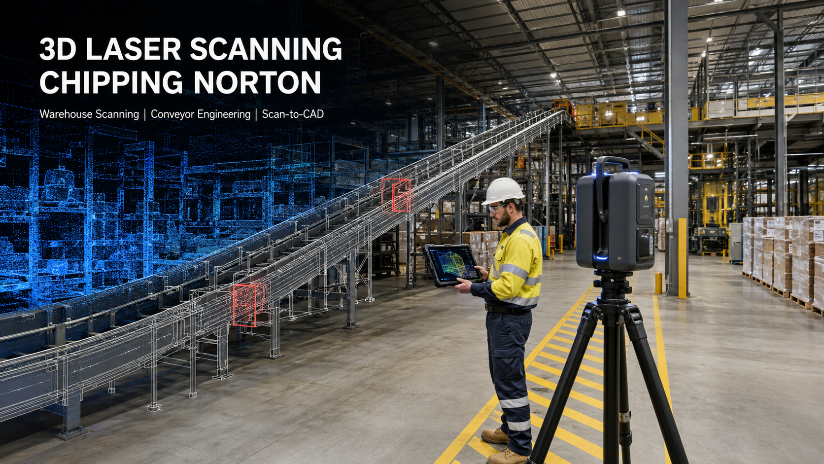 Engineer using 3D laser scanning to capture a warehouse conveyor system in Chipping Norton NSW.